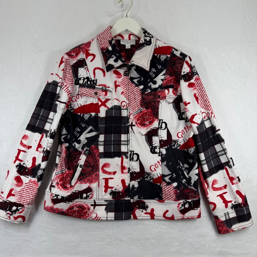 St John Sport Marie Gray Newsprint Graffiti Jacket Red Black White Womens Large